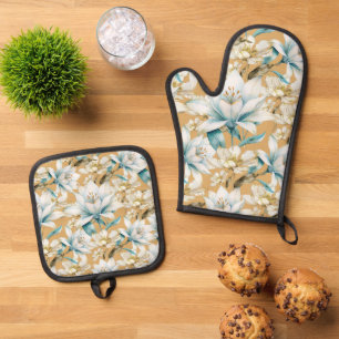 Botanische waterverf blauw wit goud lelie bloemen ovenwant & pannenlap set