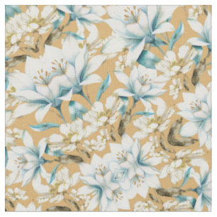 Botanische waterverf blauw wit goud lelie bloemen stof