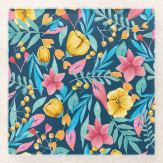 Botanische waterverf: bloemen, bladeren ornament. glazen onderzetter