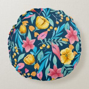 Botanische waterverf: bloemen, bladeren ornament. rond kussen