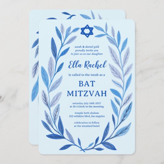 Botanische Waterverf CUSTOM QR Bar Bat Mitzvah Kaart (Voorkant / Achterkant)