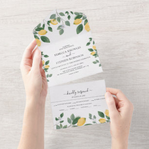 Botanische Waterverf Lemon en Greenery Wedding All In One Uitnodiging