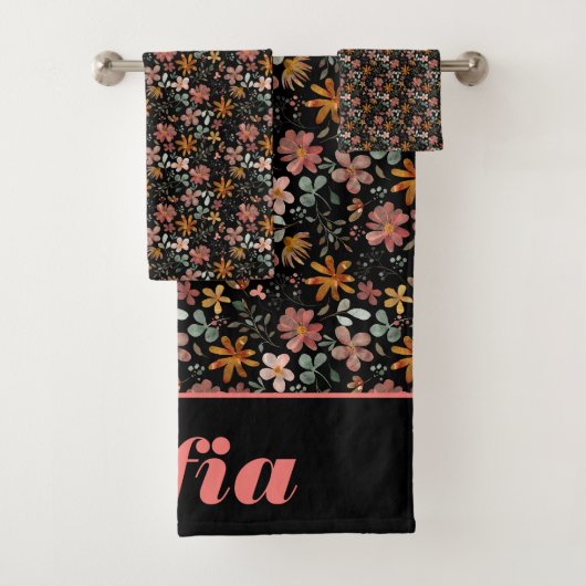 Botanische waterverf patroon custom roze zwart bad handdoek (Insitu)