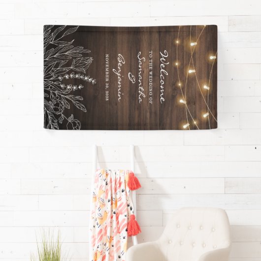 Botanische Welkomstbruiloft van Rustic String Ligh Spandoek (Insitu)