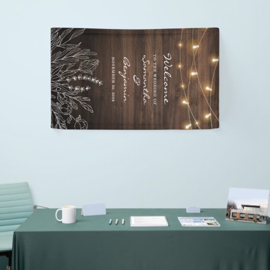 Botanische Welkomstbruiloft van Rustic String Ligh Spandoek (Beurs)