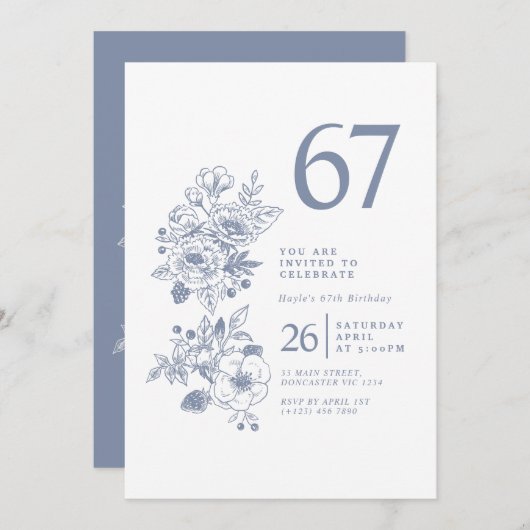 Botanische Wilde Bloem Stof Blauw 67e Verjaardag Kaart (Voorkant / Achterkant)