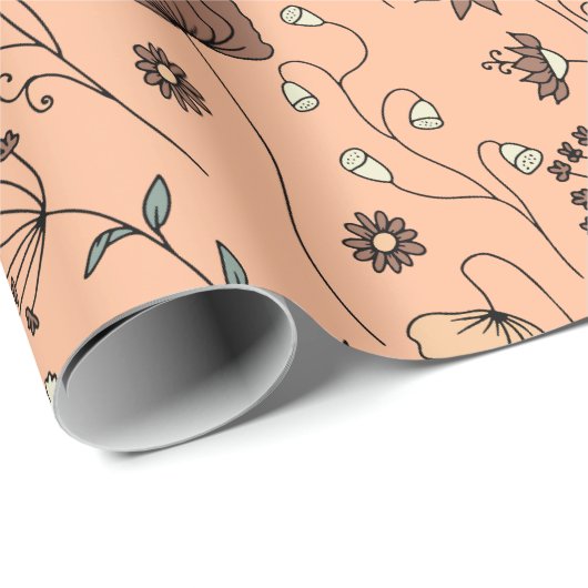 Botanische wilde bloemen perzik fuzz met salie gro cadeaupapier (Rol Hoek)