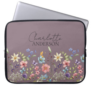 Botanische Wildflower Aangepaste Naam Hazy Paarse Laptop Sleeve