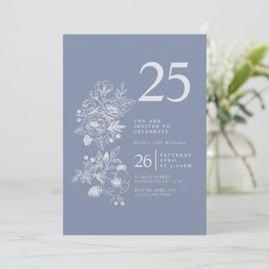 Botanische Wildflower Stoffig Blauw 25e Verjaardag Kaart (Staand voorkant)