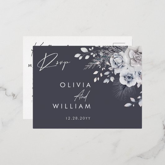 Botanische Winter Bloemen Elegante Zilveren RSVP-K Folie Uitnodiging Briefkaart (Voorkant / Achterkant)