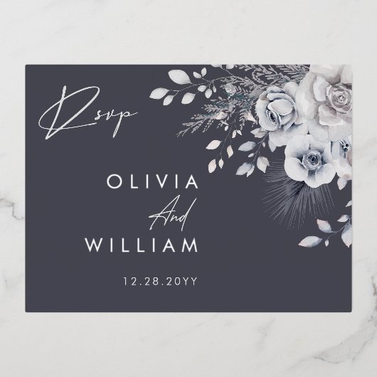 Botanische Winter Bloemen Elegante Zilveren RSVP-K Folie Uitnodiging Briefkaart (Voorkant)