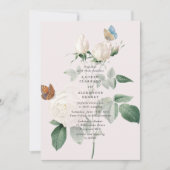 Botanische witte roos vlinder bruiloft uitnodiging (Voorkant)