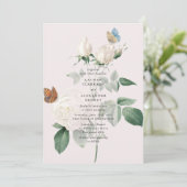 Botanische witte roos vlinder bruiloft uitnodiging (Staand voorkant)