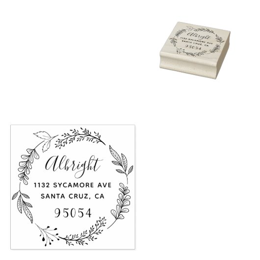 Botanische Wreate Family Rustic Script Address Rubberstempel (Gestempeld)