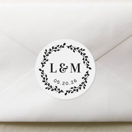 Botanische Wreath Wedding Monogram Ronde Sticker