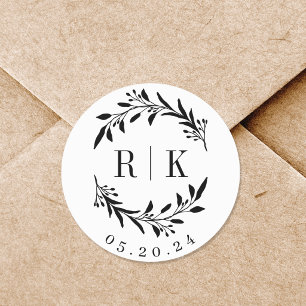 Botanische Wreath Wedding Monogram Ronde Sticker