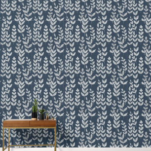 Botanische Zilveren Bladeren Vines Marine Blauwe M Behang