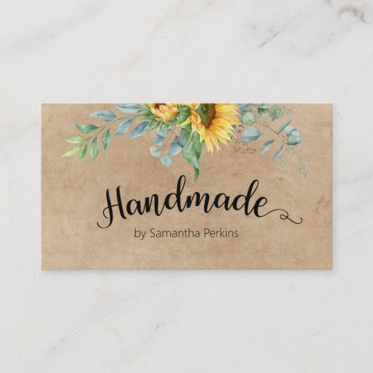 Botanische Zonnebloem Kalligrafie Rustiek Handgema Visitekaartje (Voorkant)
