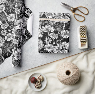Botanische zwart witte madeliefjes Floral Art Patt Cadeaupapier