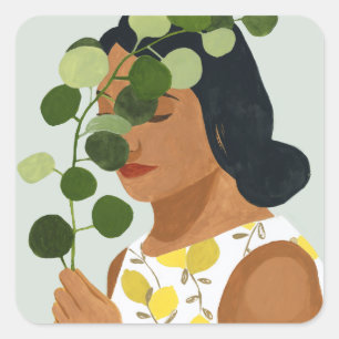 Botany Portret - Vrouw met Greenery Vierkante Sticker