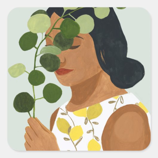 Botany Portret - Vrouw met Greenery Vierkante Sticker (Voorkant)