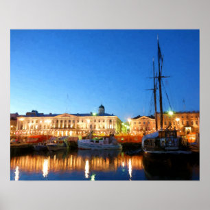 Boten bij het marktplein van Helsinki in de avond Poster