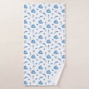 Boten en Dolfijnen Nautisch Patroon Blauw Wit Badhanddoek