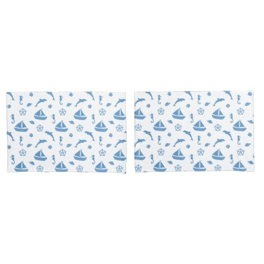 Boten en Dolfijnen Nautisch Patroon Blauw Wit Kussensloop (Voorkant-Set)