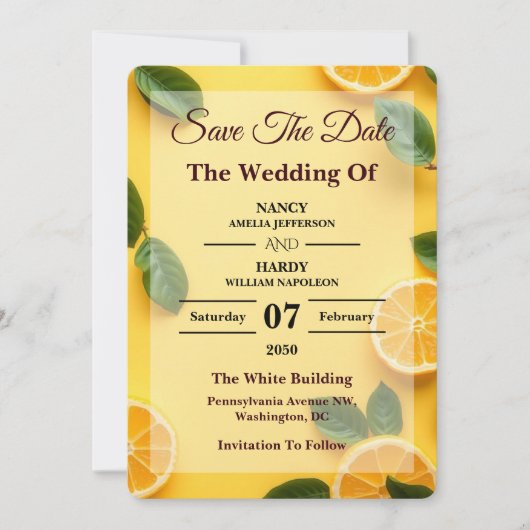 Boter Geel Citrus Bruiloft Save The Date (Voorkant)