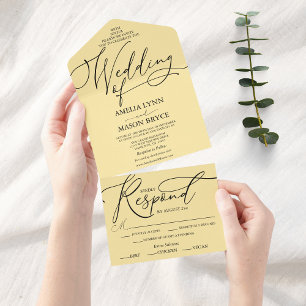Boter Geel Elegante Kalligrafie Script Trouwen All In One Uitnodiging