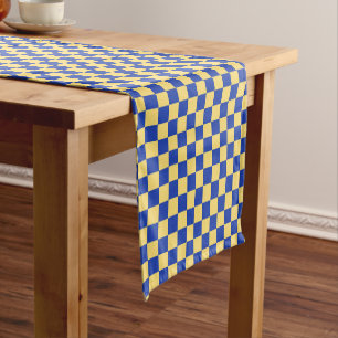 Boter geel en blauw geruit bordpatroon korte tafelloper