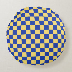 Boter geel en blauw geruit bordpatroon rond kussen