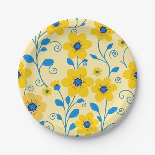 Boter Geel en Blauwe Bloemen Papieren Bordje (Voorkant)