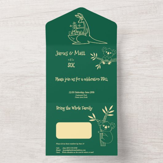 Boter Geel & Groen Australische Dieren Verjaardag All In One Uitnodiging (Binnen)