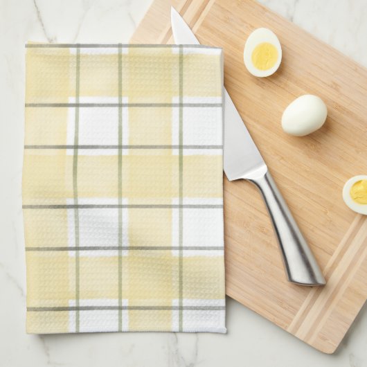 Boter Geel Witte Geruite Strepen Bruidsuitnodiging Theedoek (Quarter Fold)