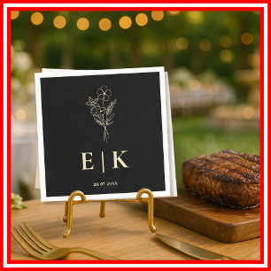 Boter Geel Zwart Monogram Wilde Bloem Bruiloft Servet