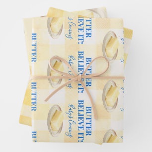 Boter Geloof Het Gele Gingham Jongen Babyfeestje Inpakpapier Vel