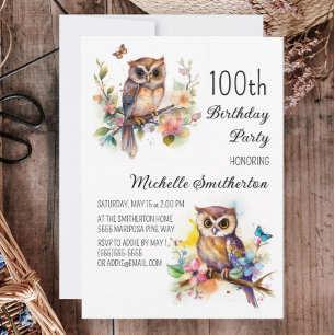 Boterflies 100th Birthday Owl Spring Flowers Kaart
