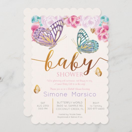 Boterfly Baby shower Invitation Kaart (Voorkant / Achterkant)