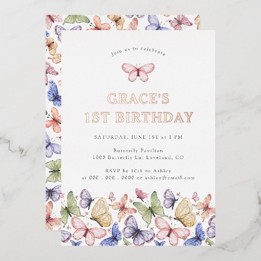 Boterfly Birthday Folie Uitnodiging (Voorkant / Achterkant)