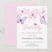 Boterfly Birthday Invitation, First Birthday Invi Kaart (Voorkant / Achterkant)