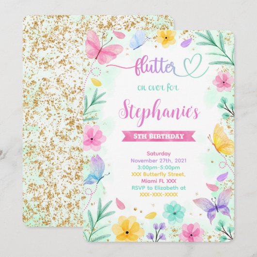 Boterfly Birthday Invitation Kaart (Voorkant / Achterkant)