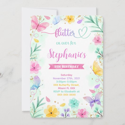 Boterfly Birthday Invitation Kaart (Voorkant)