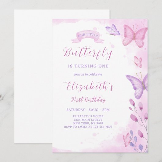 Boterfly Birthday Invitation Kaart (Voorkant / Achterkant)