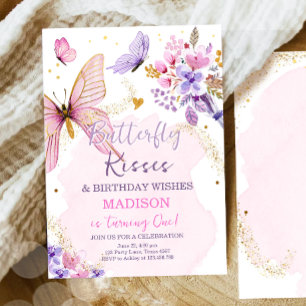 Boterfly Birthday Kisses Paarse Floral Pink Girl Kaart