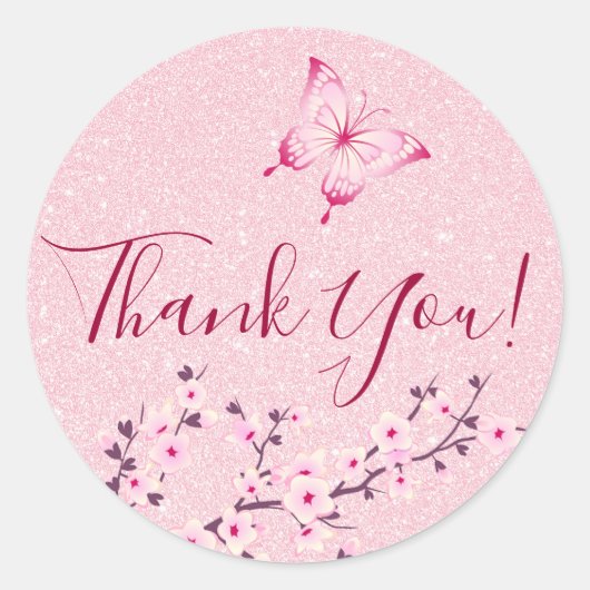 Boterfly Cherry Blossom Pink Glitter Dank u Ronde Sticker (Voorkant)