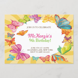 Boterfly Colorful Birthday Party Invitations Kaart