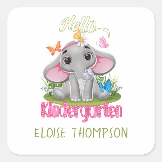 Boterfly Elephant Kindergarten Terug naar school Vierkante Sticker (Voorkant)