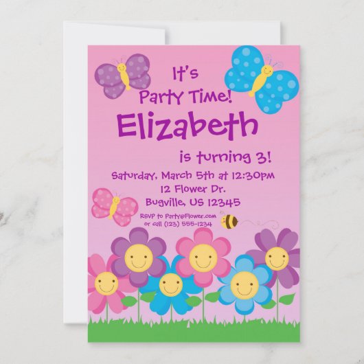 Boterfly en Flowers Birthday Party Invitation Kaart (Voorkant)
