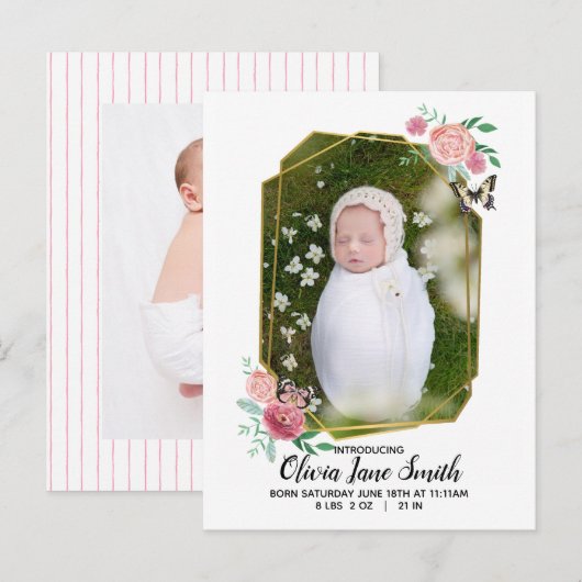 Boterfly Floral Baby Birth Announding Aankondigingskaart (Voorkant / Achterkant)